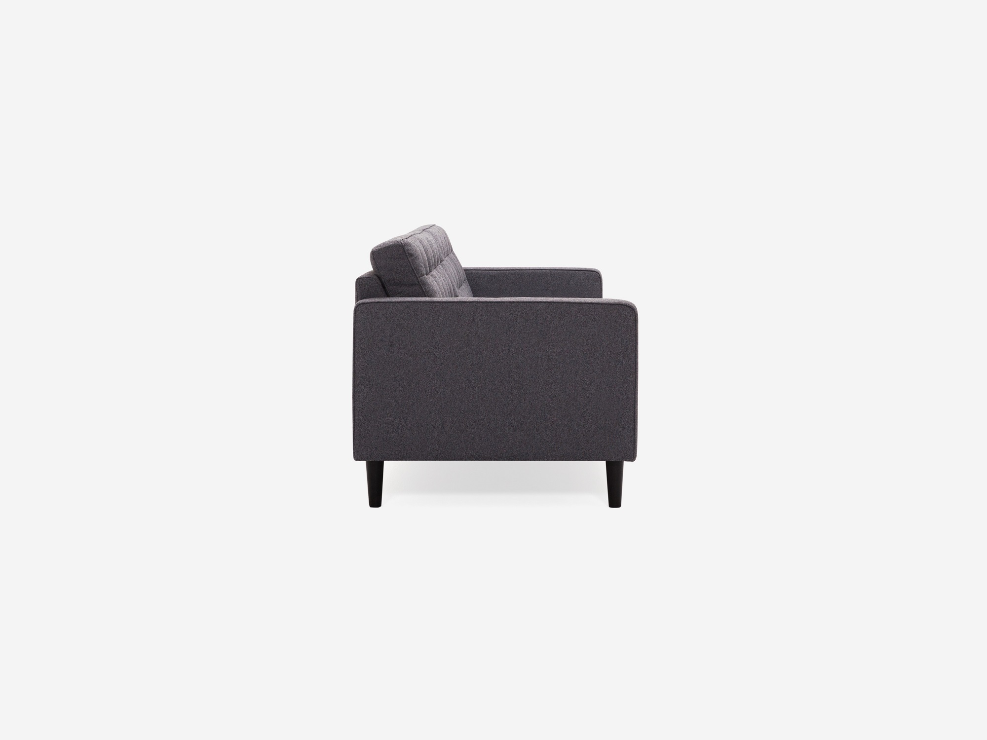 Side view of our mid century modern sofa, the Reverie 92", upholstered in grey fabric